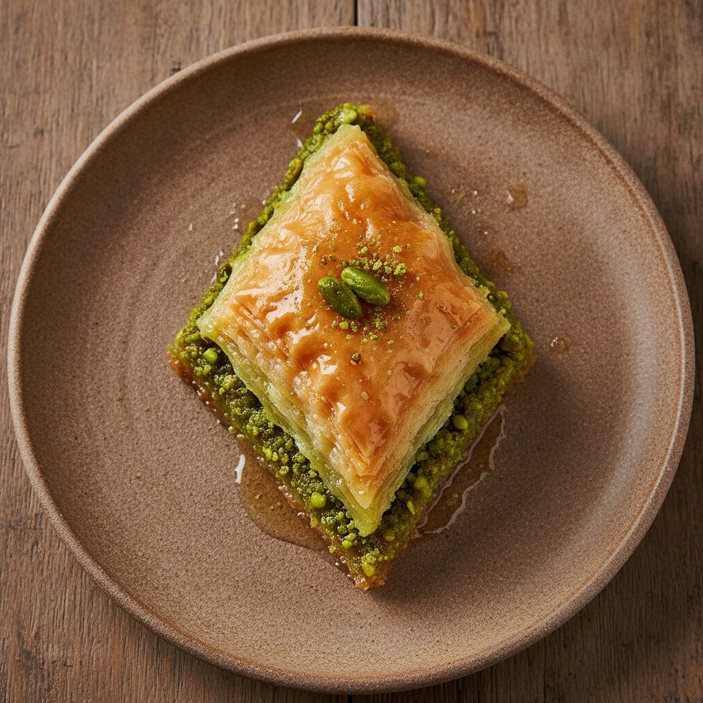 Antep fıstıklı baklava dilimi, yeşil fıstık dolgusuyla