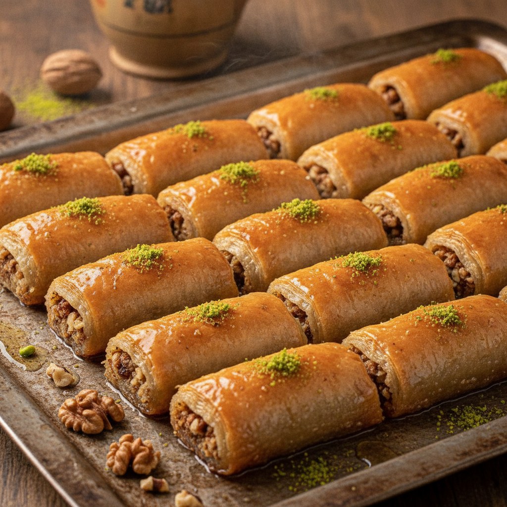 Ceviz sarma baklava, rulo biçiminde sarılmış dilimler