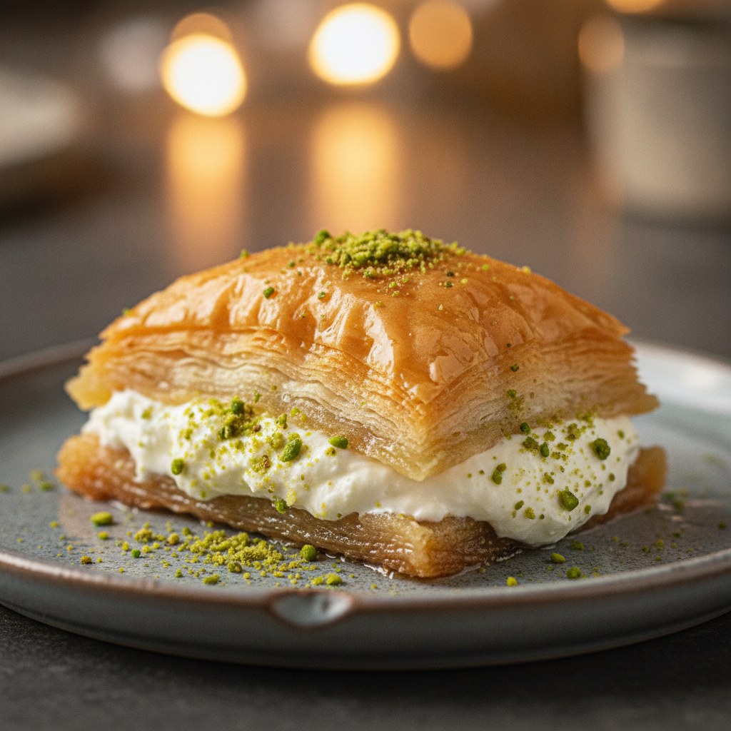 Şöbiyet dilimi, kaymak ve fıstık dolgusuyla